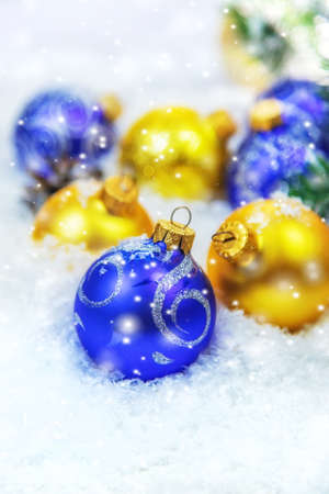 Christmas cards with snow and decor. Selective focus. New year.の写真素材