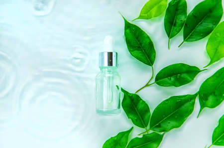 Cosmetics in a bottle in water, skin hydration concept. Selective focus. Nature.の写真素材