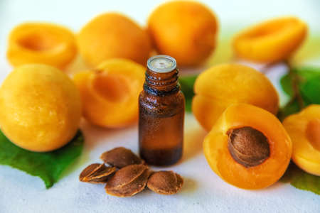 Apricot kernel oil in a bottle. Selective focus. Food.の写真素材