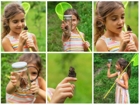 The child catches butterflies with a butterfly net collage. Selective focus. Nature.の写真素材