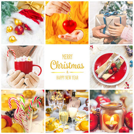 Collage with beautiful Christmas photos. Selective focus. New year.の写真素材
