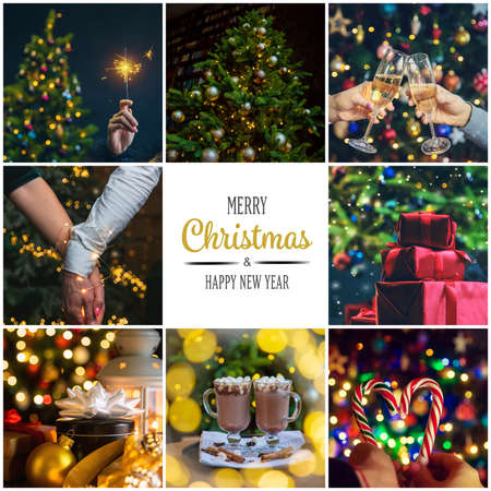 Collage with beautiful Christmas photos. Selective focus. New year.の写真素材