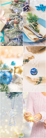 Collage with beautiful Christmas photos. Selective focus. New year.の写真素材
