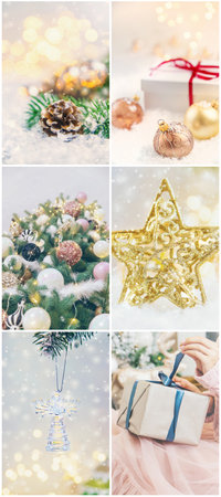 Collage with beautiful Christmas photos. Selective focus. New year.の写真素材
