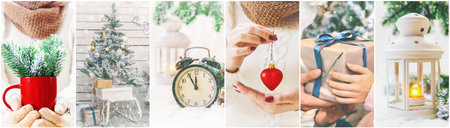 Collage with beautiful Christmas photos. Selective focus. New year.の写真素材