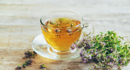 Thyme tea in a transparent cup. Selective focus. Food.の写真素材
