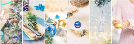 Collage with beautiful Christmas photos. Selective focus. New year.の写真素材