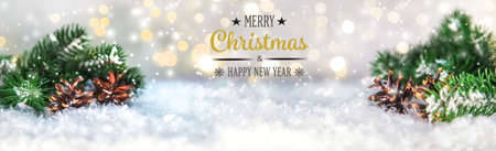 Christmas cards with snow and decor. Selective focus. New year.の写真素材