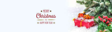 Christmas cards with snow and decor. Selective focus. New year.の写真素材