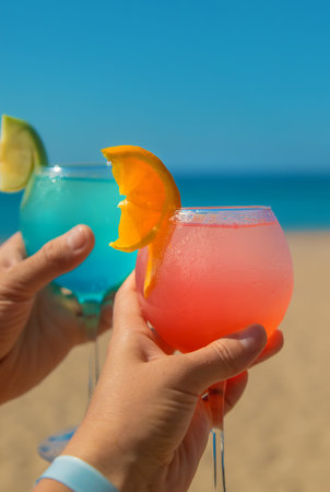 Woman on the beach holding a cocktail in her hands. Selective focus. Drink.の写真素材
