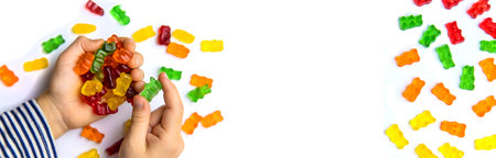 Jelly vitamins candy teddy bears isolate on a white background. Selective focus. Child.の写真素材