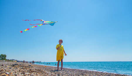 A child flies a kite on the beach. Selective focus. Kid.の写真素材