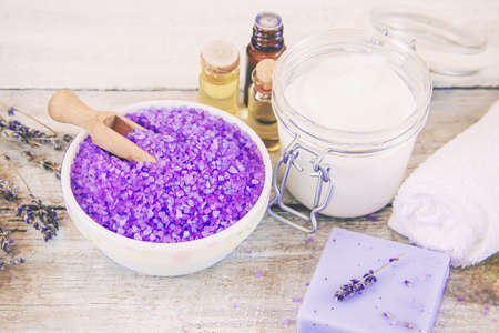 Sea salt with lavender extract. Selective focus.の写真素材