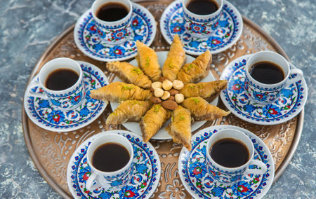 Turkish baklava and coffee on the table. selective focus. Nature.の写真素材