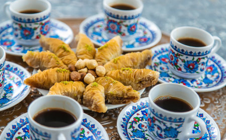 Turkish baklava and coffee on the table. selective focus. Nature.の写真素材