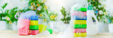 Eco household cleaner and sponge with foam. selective focus. Nature.の写真素材