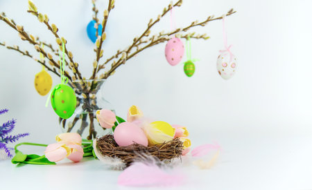 Beautiful Easter decor on a white background. selective focus. holiday.