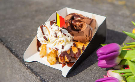 Belgian waffles with ice cream. selective focus. food.