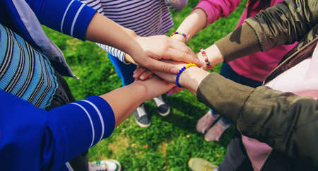 People put their hands together. selective focus. couple.の写真素材