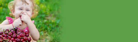 The child eats cherries in the garden. Selective focus.の写真素材