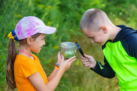 The child looks at the snail. selective focus. Animal.