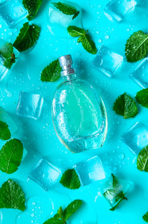 Perfume on a blue background with ice cubes and mint. selective focus. Spa.の写真素材