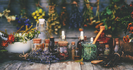 Medicinal herbs and tinctures homeopathy. selective focus. Nature.の写真素材