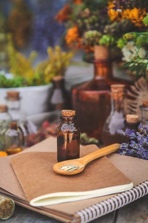 Medicinal herbs and tinctures homeopathy. selective focus. Nature.の写真素材
