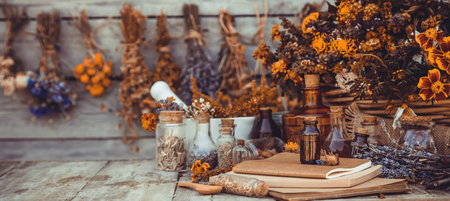 Medicinal herbs and tinctures homeopathy. selective focus. Nature.の写真素材