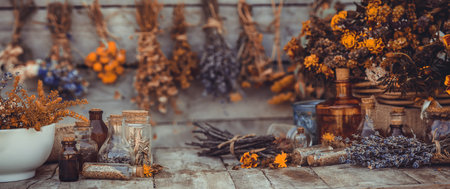 Medicinal herbs and tinctures homeopathy. selective focus. Nature.の写真素材