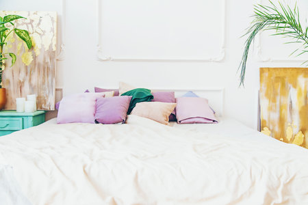 Room with vintage style bed. Selective focus.の写真素材