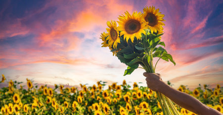 Blooming sunflowers in the hands. selective focus. nature.の写真素材