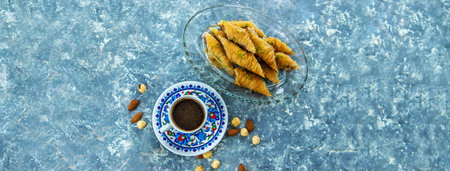 Turkish baklava and coffee on the table. selective focus. Nature.