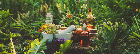 Medicinal herbs and tinctures alternative medicine. selective focus. Nature.の写真素材