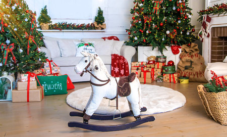 Christmas children's location with a horse. selective focus. kid.の写真素材