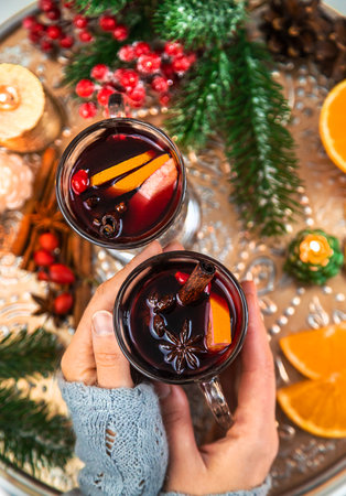 Mulled wine on Christmas background. selective focus. drink.の写真素材
