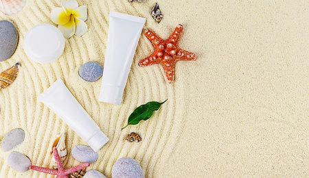 Cosmetics on the spa sea sand. selective focus. Nature.
