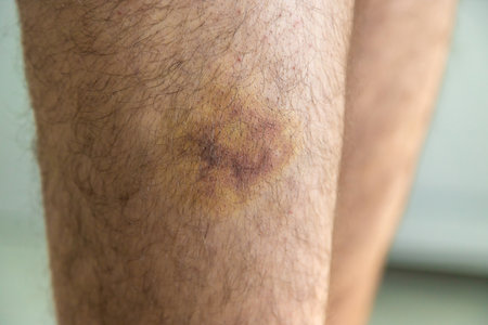 a bruise on a man's leg. selective focus. people.の写真素材