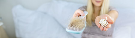 A woman's hair falls out vitamins. selective focus. people.の写真素材