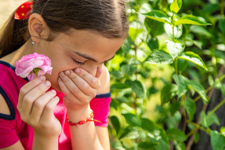 Spring flowers allergy in a child. selective focus. Nature.の写真素材