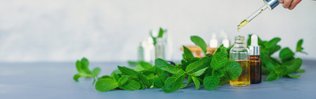 Peppermint essential oil in a bottle. selective focus. Nature.の写真素材