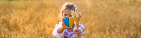 Child in a wheat field. In vyshyvanka, the concept of the Independence Day of Ukraine. Selective focus.の写真素材