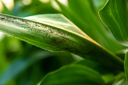 Field corn aphids leaves parasites pests. selective focus. Nature.の写真素材