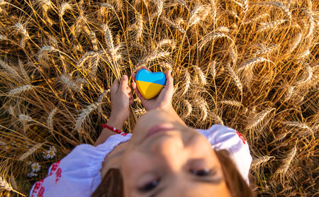 Child in a field of wheat with the flag of Ukraine. selective focus. Nature.の写真素材