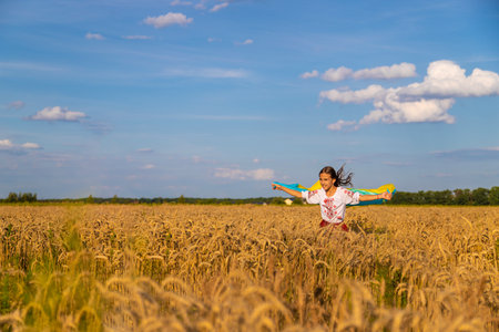 Child in a field of wheat with the flag of Ukraine. selective focus. kid.の写真素材