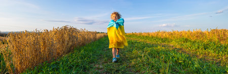 Child in a field of wheat with the flag of Ukraine. selective focus. kid.の写真素材