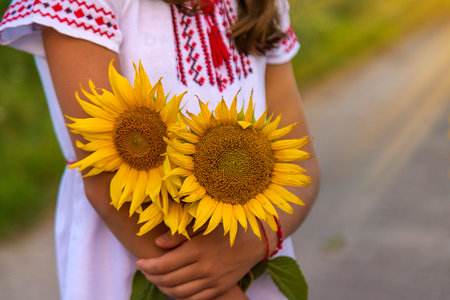 A child in a field of sunflowers Ukraine. selective focus. Nature.の写真素材