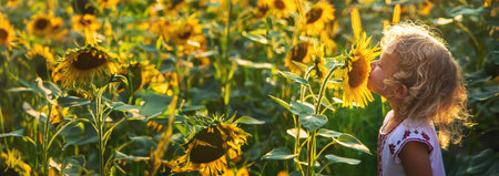 A child in a field of sunflowers Ukraine. selective focus. Nature.の写真素材