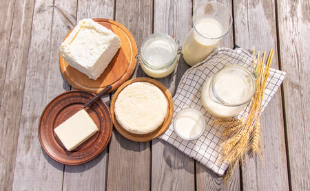 Dairy products on a cow farm. selective focus. food.の写真素材