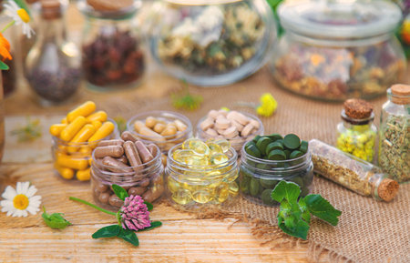 Supplementi and medicinal herbs and flowers. Selective focus. Nature.の写真素材